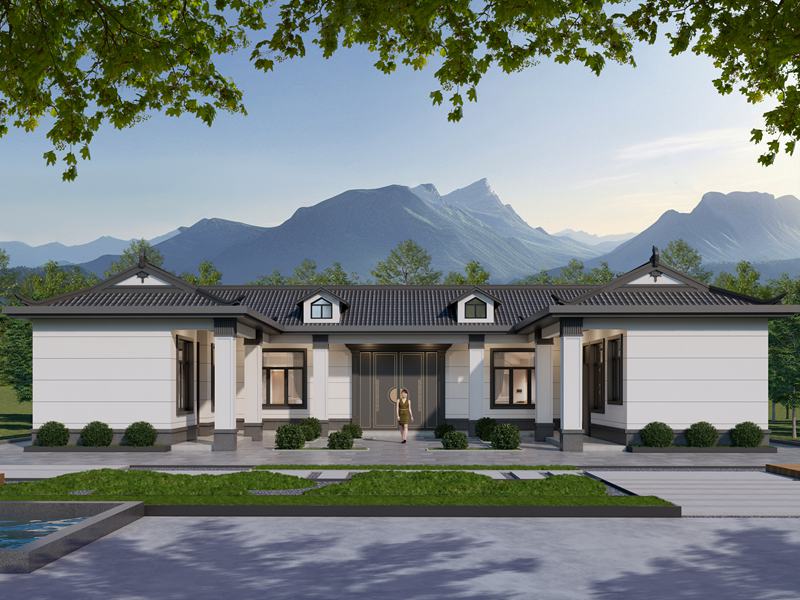 开间20米，进深14.8米，新中式风格农村自建一层住宅别墅设计，外观呈三合院设计！