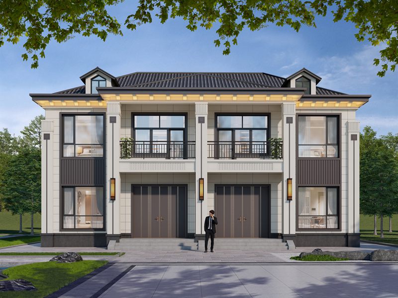 开间15米、进深9米，农村自建二层双拼新中式风格住宅别墅设计，外观轻奢风设计！