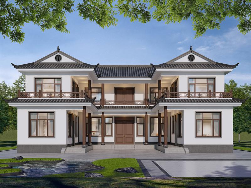 开间18米、进深12米，农村自建二层新中式风格住宅别墅，三合院设计特色！