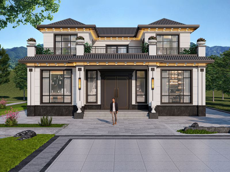 开间14米，进深14米，农村自建二层新中式风格住宅别墅设计，天井设计带二楼大露台设计！